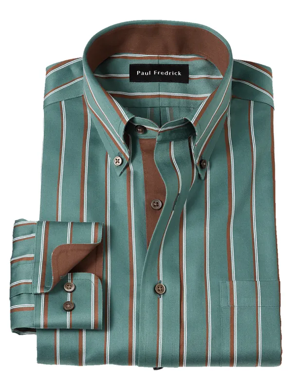 Non-Iron Cotton Stripe Dress Shirt With Contrast Trim - Pine Green sold by Paul Fredrick