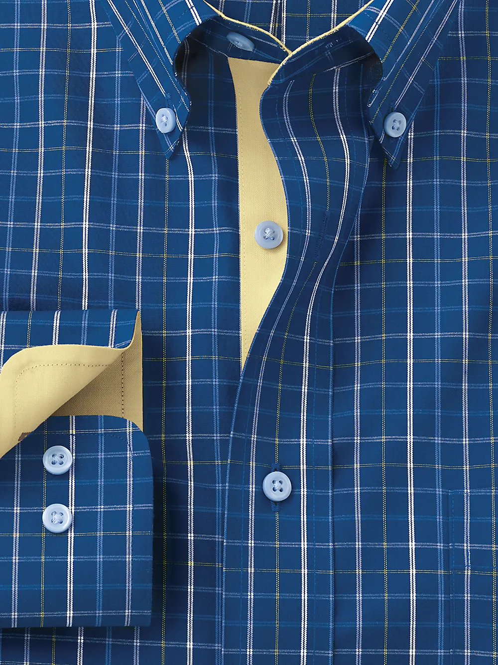Non-Iron Cotton Tattersall Dress Shirt With Contrast Trim - Cobalt/yellow sold by Paul Fredrick product image thumbnail 2