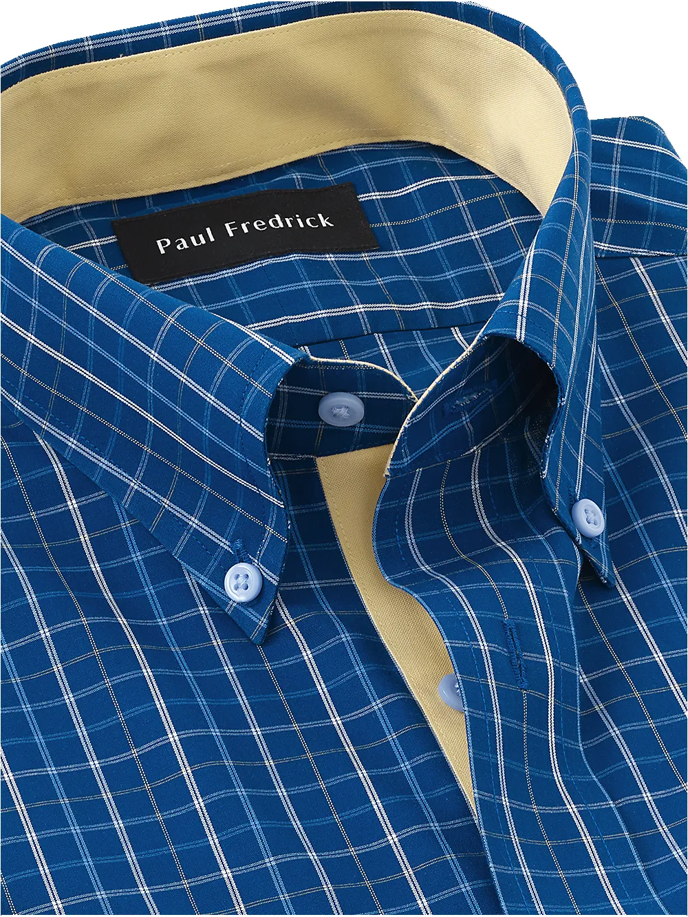 Non-Iron Cotton Tattersall Dress Shirt With Contrast Trim - Cobalt/yellow sold by Paul Fredrick product image thumbnail 3