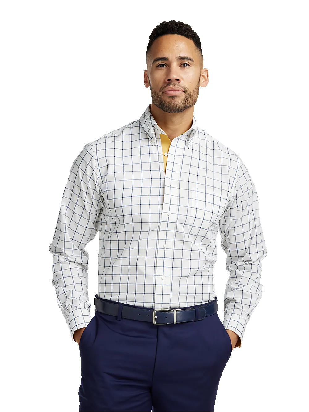 Non-Iron Cotton Windowpane Dress Shirt With Contrast Trim - Navy/gold sold by Paul Fredrick product image thumbnail 2