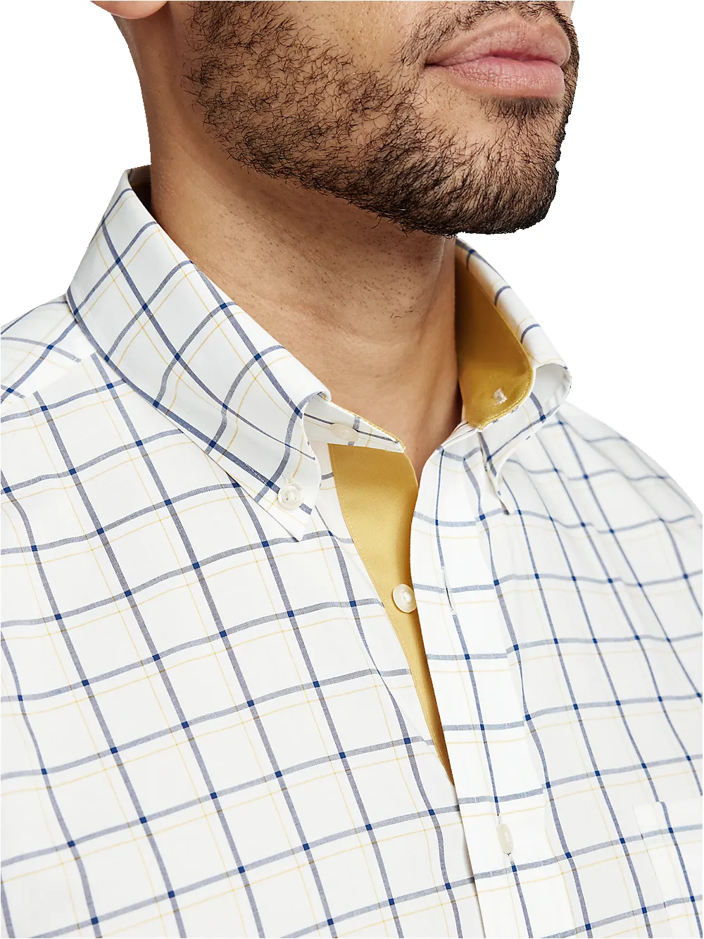 Non-Iron Cotton Windowpane Dress Shirt With Contrast Trim - Navy/gold sold by Paul Fredrick product image thumbnail 3