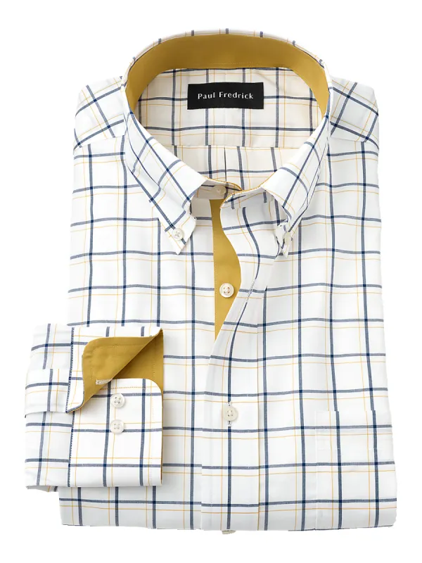 Non-Iron Cotton Windowpane Dress Shirt With Contrast Trim - Navy/gold sold by Paul Fredrick