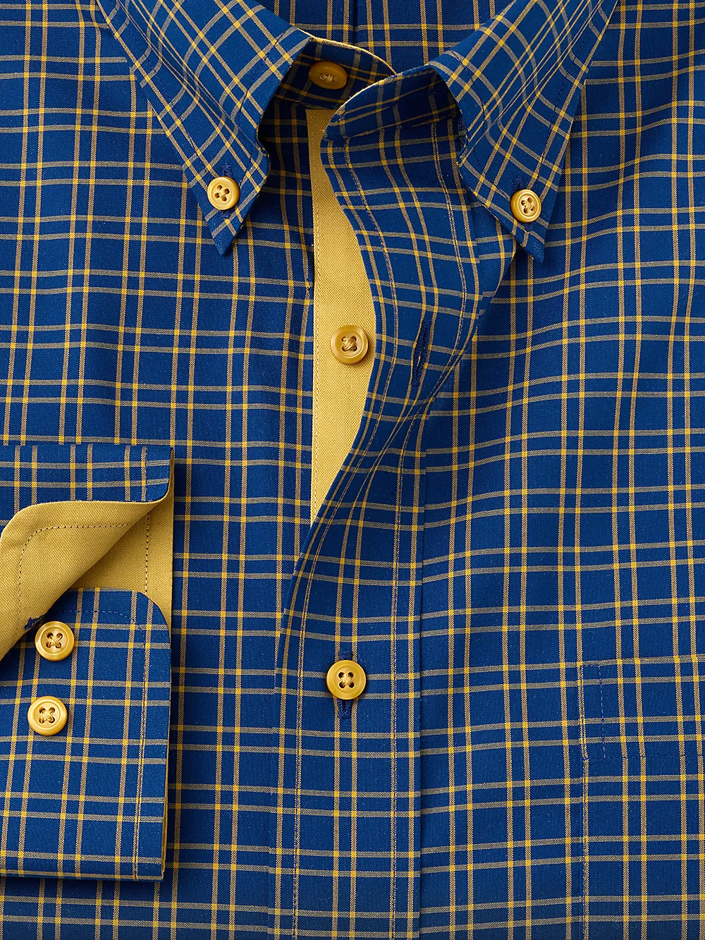 Non-Iron Cotton Check Dress Shirt With Contrast Trim - Navy/gold sold by Paul Fredrick product image thumbnail 2