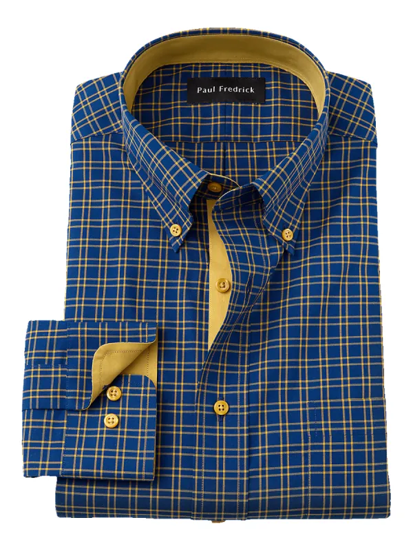 Non-Iron Cotton Check Dress Shirt With Contrast Trim - Navy/gold sold by Paul Fredrick