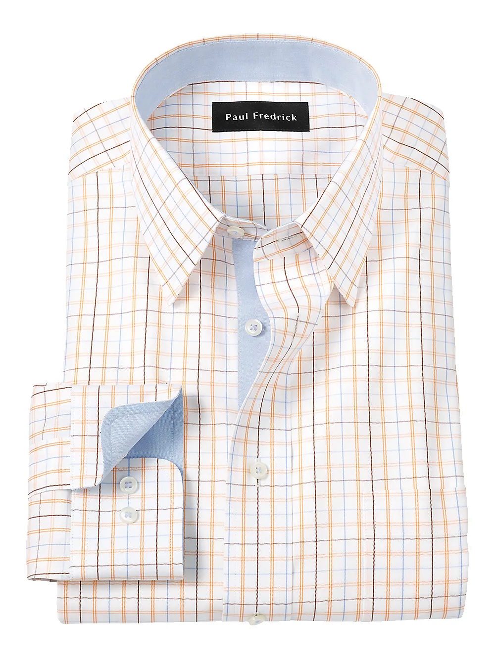 Non-Iron Cotton Tattersall Dress Shirt With Contrast Trim - Blue/melon sold by Paul Fredrick