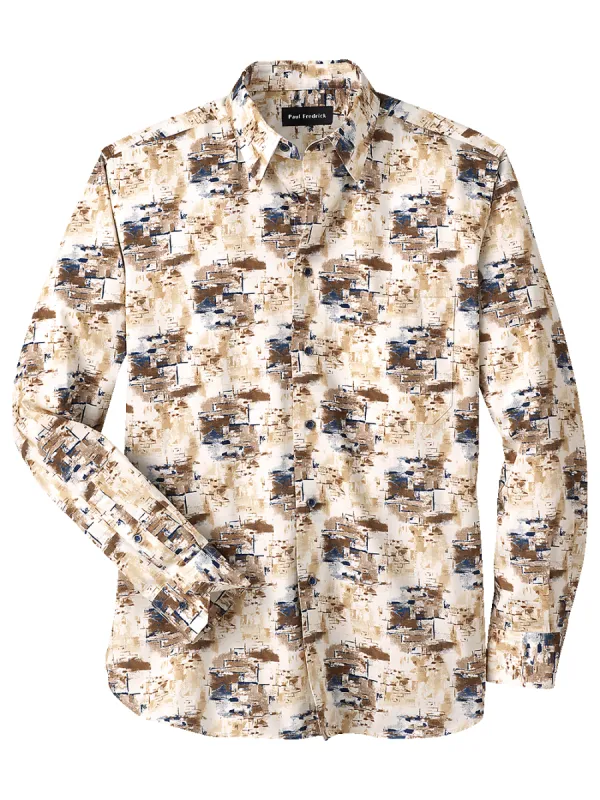 Cotton Abstract Print Casual Shirt - Ivory/brown sold by Paul Fredrick