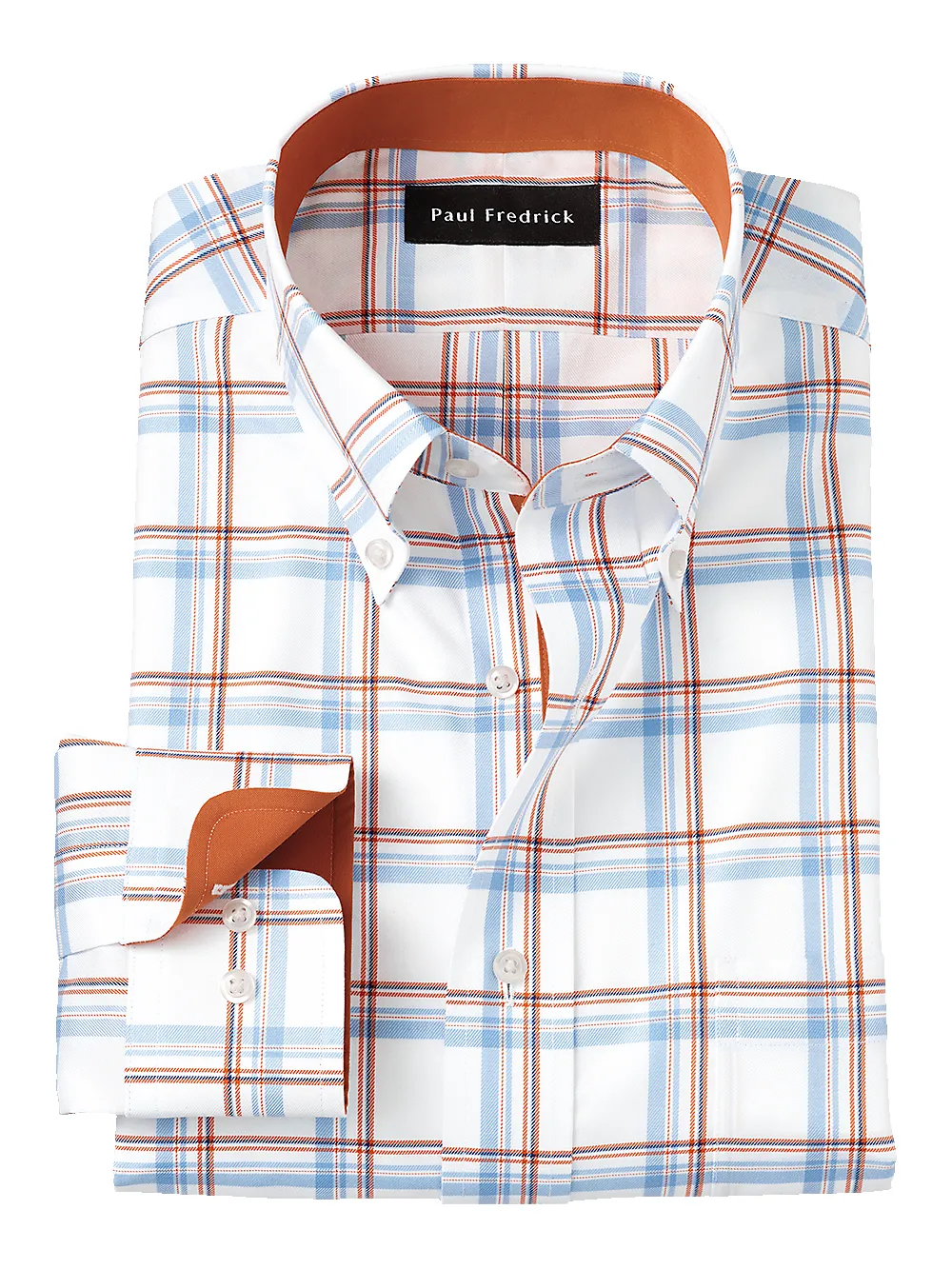 Non-Iron Cotton Check Dress Shirt With Contrast Trim - Blue/melon sold by Paul Fredrick