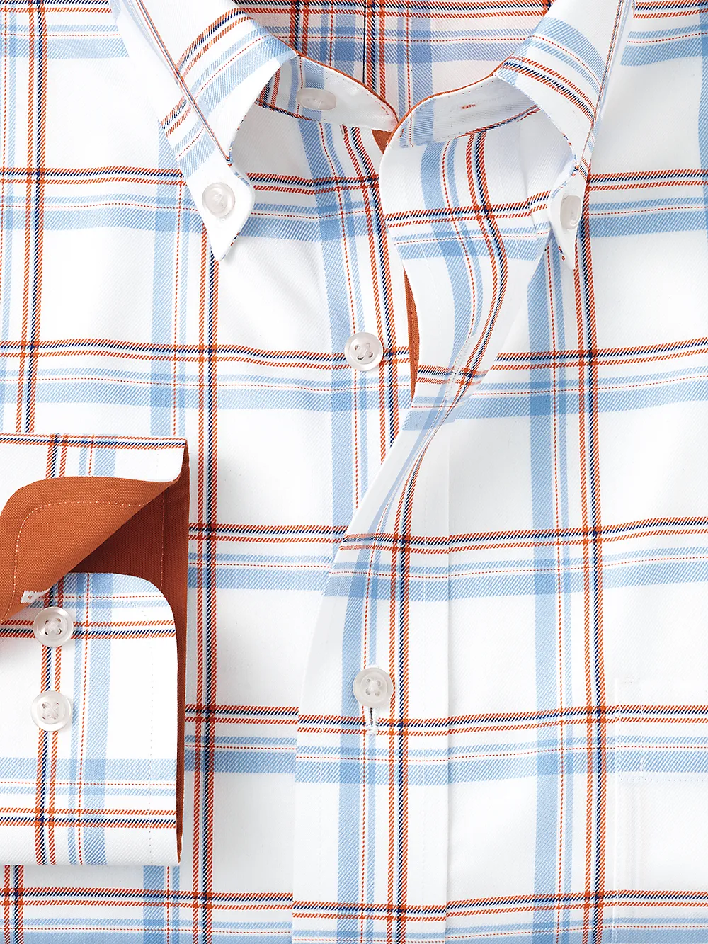 Non-Iron Cotton Check Dress Shirt With Contrast Trim - Blue/melon sold by Paul Fredrick product image thumbnail 2
