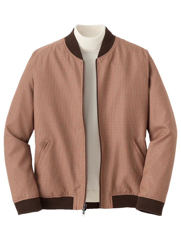 Microfiber Check Baseball Jacket - Burgundy/tan sold by Paul Fredrick