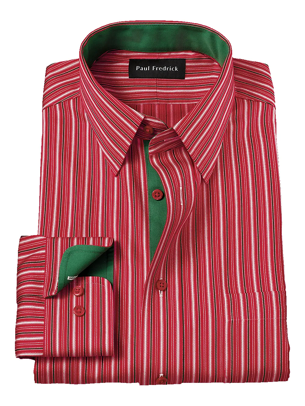 Non-Iron Cotton Stripe Dress Shirt With Contrast Trim - Red/green sold by Paul Fredrick