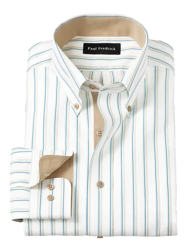 Non-Iron Cotton Stripe Dress Shirt With Contrast Trim - Green/tan sold by Paul Fredrick