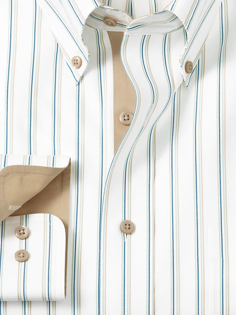 Non-Iron Cotton Stripe Dress Shirt With Contrast Trim - Green/tan sold by Paul Fredrick product image thumbnail 2
