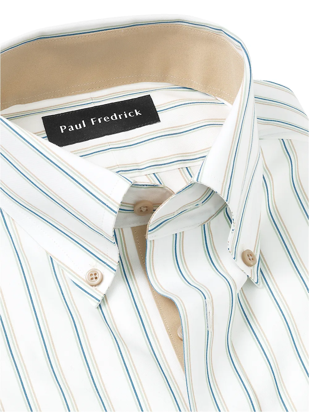 Non-Iron Cotton Stripe Dress Shirt With Contrast Trim - Green/tan sold by Paul Fredrick product image thumbnail 3