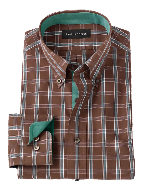 Non-Iron Cotton Windowpane Dress Shirt With Contrast Trim - Brown sold by Paul Fredrick