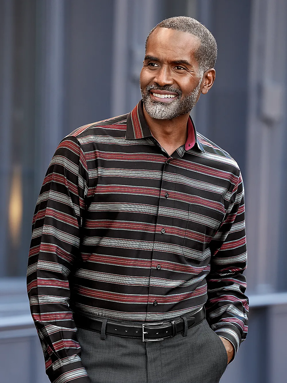 Non-Iron Cotton Horizontal Stripe Dress Shirt With Contrast Trim - Black/brick sold by Paul Fredrick product image thumbnail 2