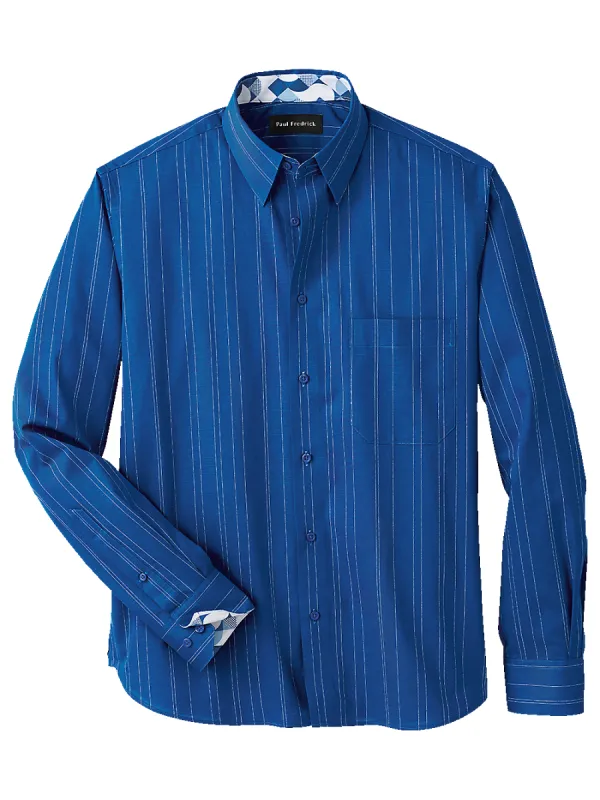 Cotton Stripe Casual Shirt With Contrast Trim - Blue sold by Paul Fredrick
