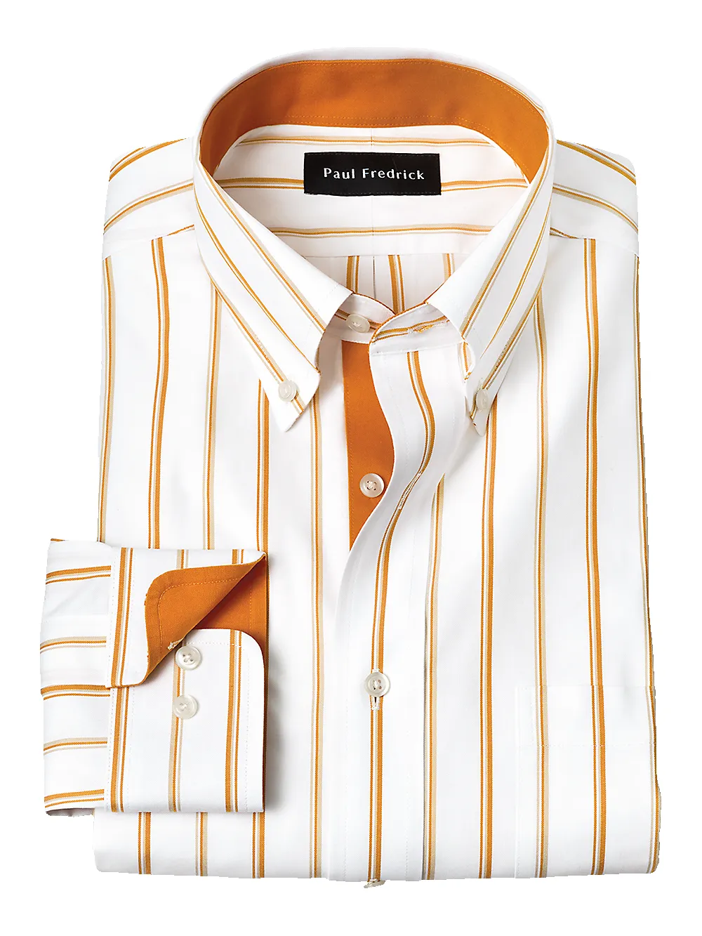 Non-Iron Cotton Stripe Dress Shirt With Contrast Trim - Melon/tan sold by Paul Fredrick