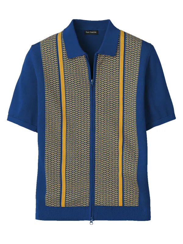 Cotton Full Zip Polo - Cobalt/yellow sold by Paul Fredrick