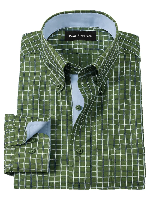 Non-Iron Cotton Windowpane Dress Shirt With Contrast Trim - Green sold by Paul Fredrick