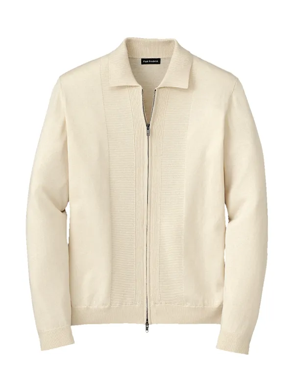 Silk, Cotton & Cashmere Full Zip Polo - Ivory sold by Paul Fredrick