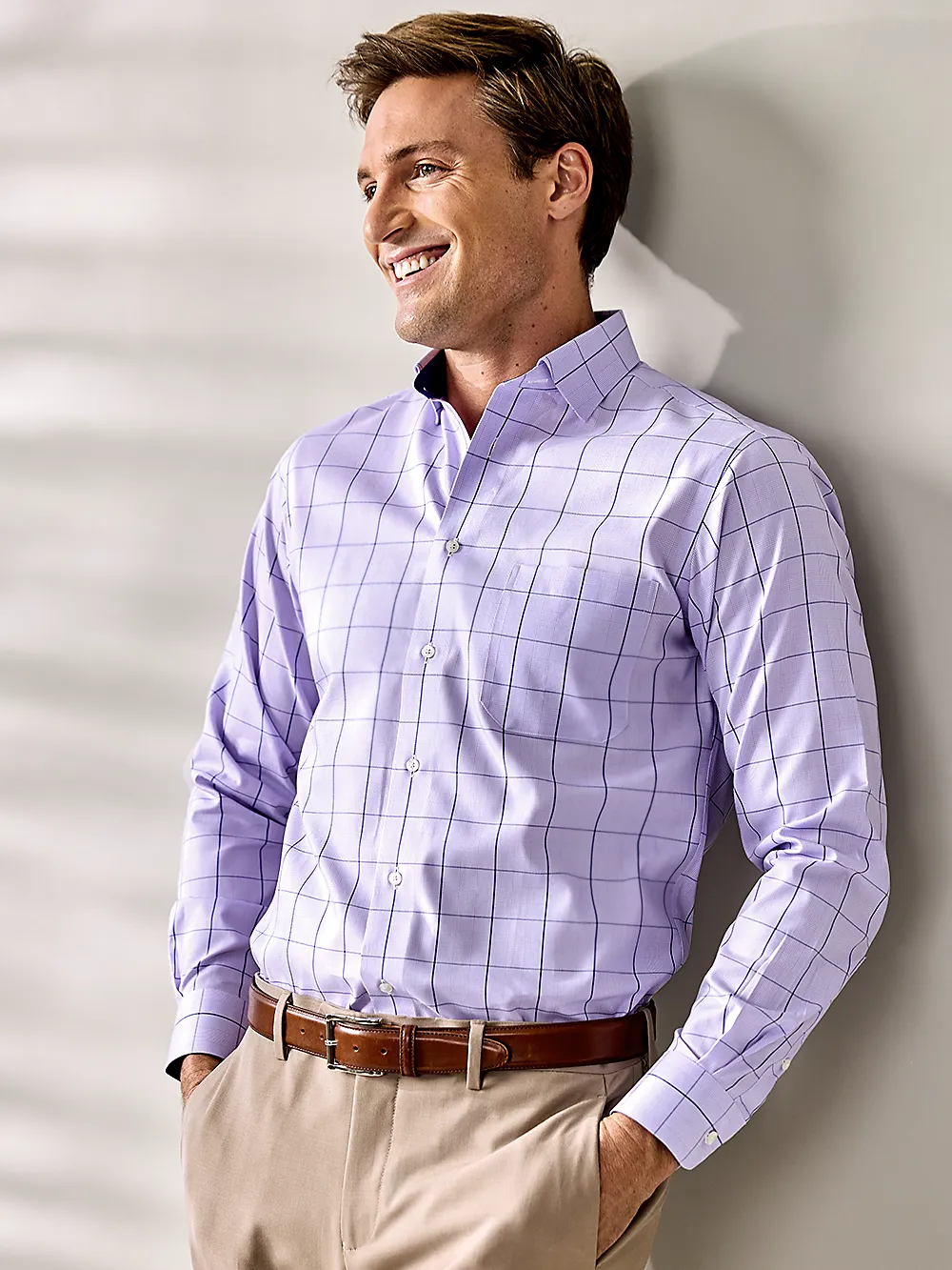 Non-Iron Cotton Check Dress Shirt With Contrast Trim - Purple sold by Paul Fredrick product image thumbnail 2