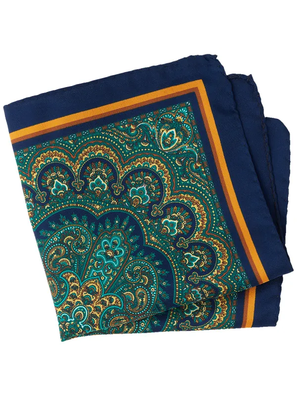 Medallion Silk Pocket Square - Navy Multi sold by Paul Fredrick