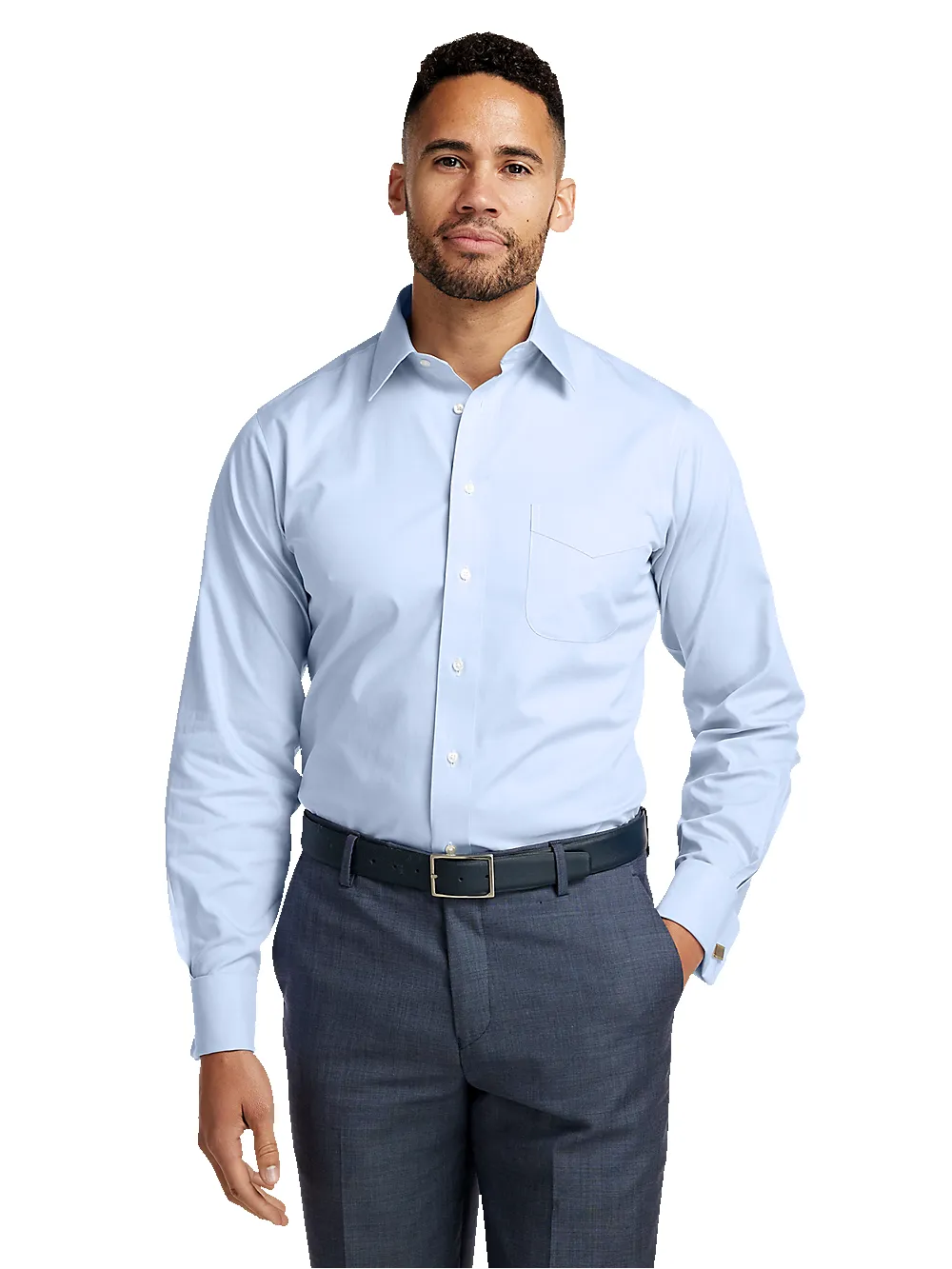 Non-Iron Cotton Pinpoint Solid Point Collar French Cuff Dress Shirt - Blue sold by Paul Fredrick product image thumbnail 2