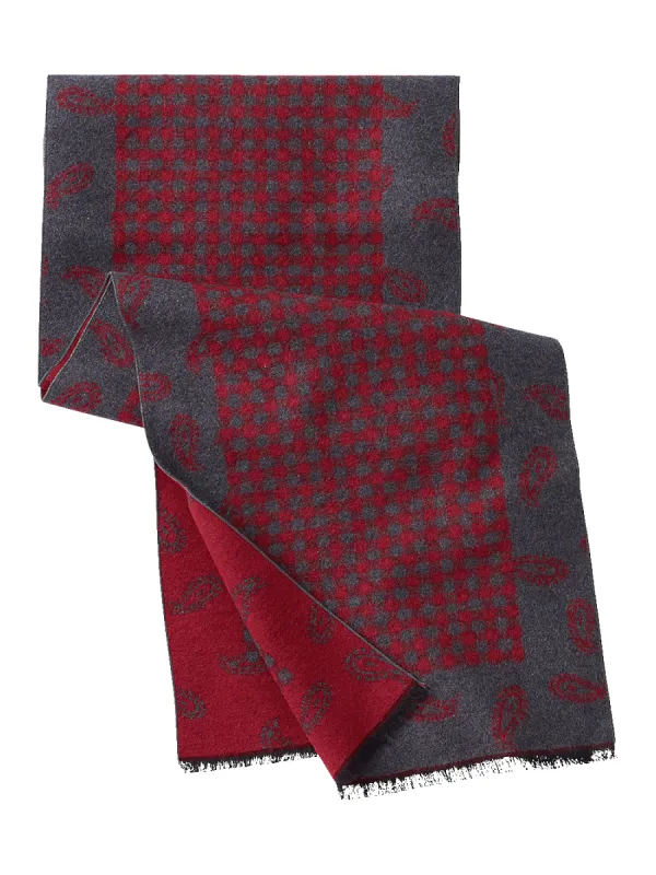 Paisley Check Brushed Silk Scarf - Red/grey sold by Paul Fredrick