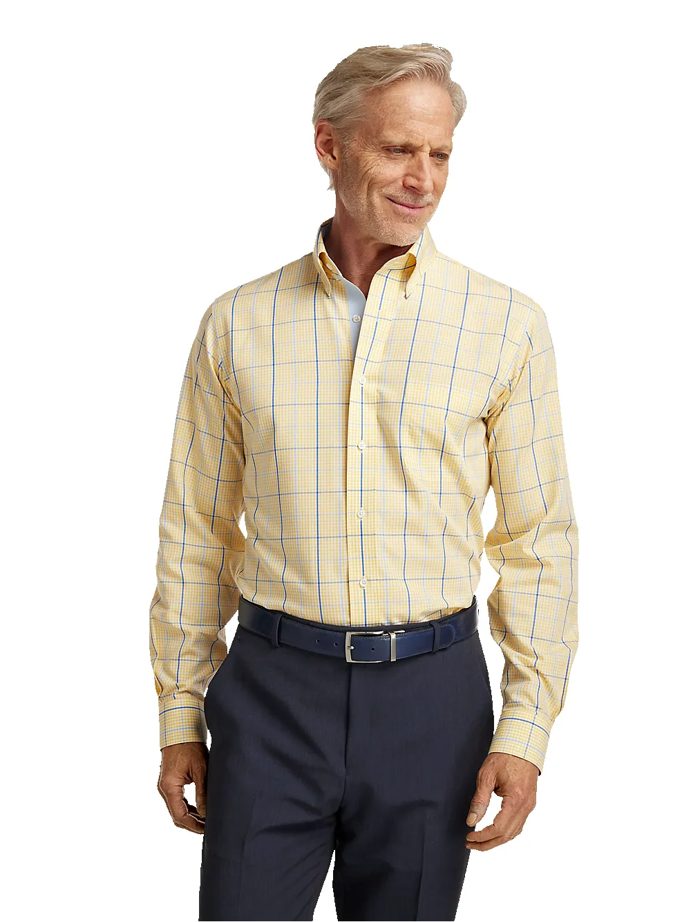 Non-Iron Cotton Windowpane Dress Shirt With Contrast Trim - Yellow/cobalt sold by Paul Fredrick product image thumbnail 2