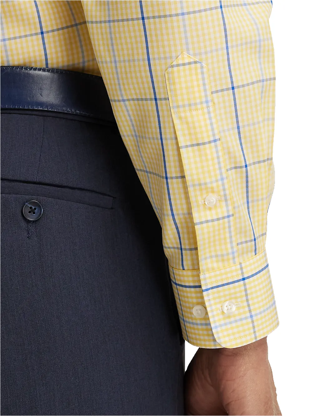 Non-Iron Cotton Windowpane Dress Shirt With Contrast Trim - Yellow/cobalt sold by Paul Fredrick product image thumbnail 4