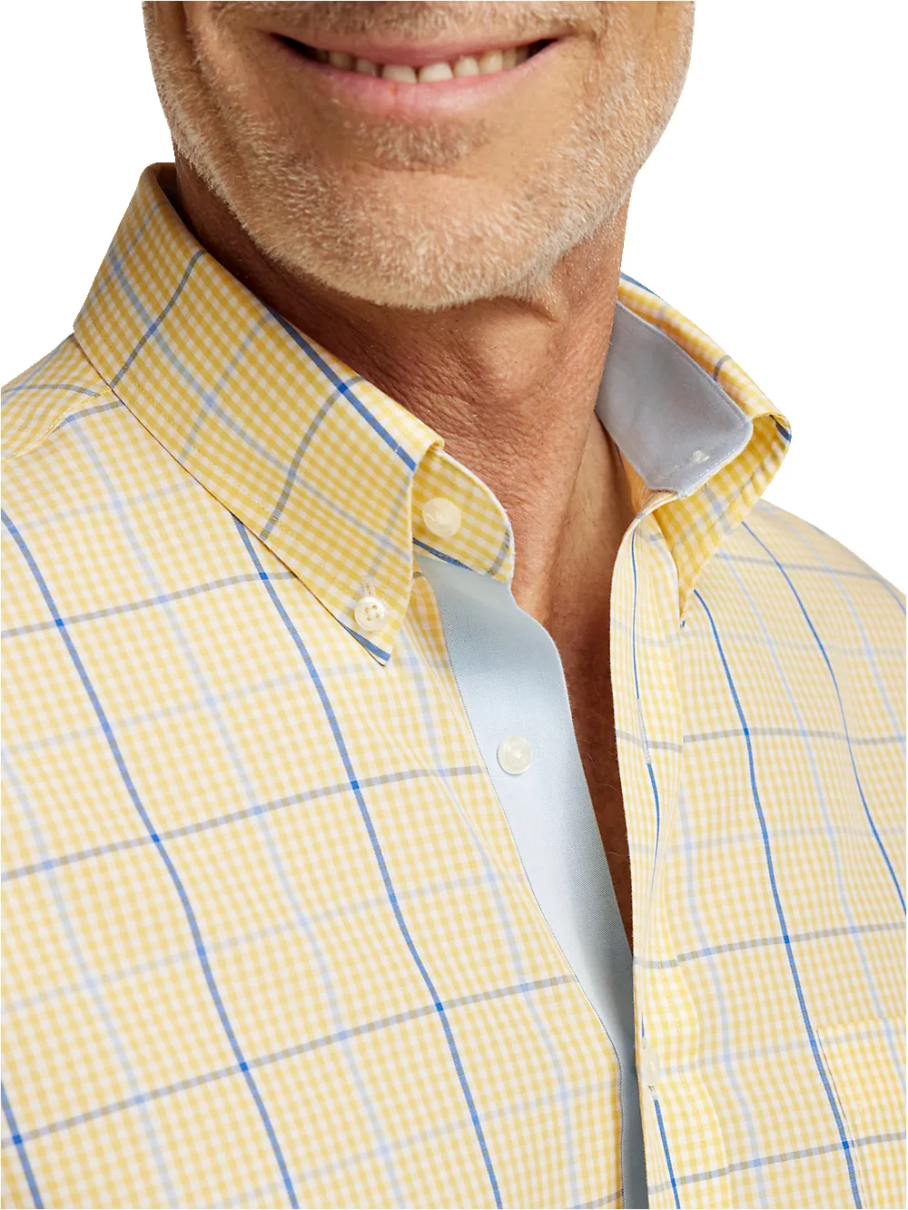 Non-Iron Cotton Windowpane Dress Shirt With Contrast Trim - Yellow/cobalt sold by Paul Fredrick product image thumbnail 3