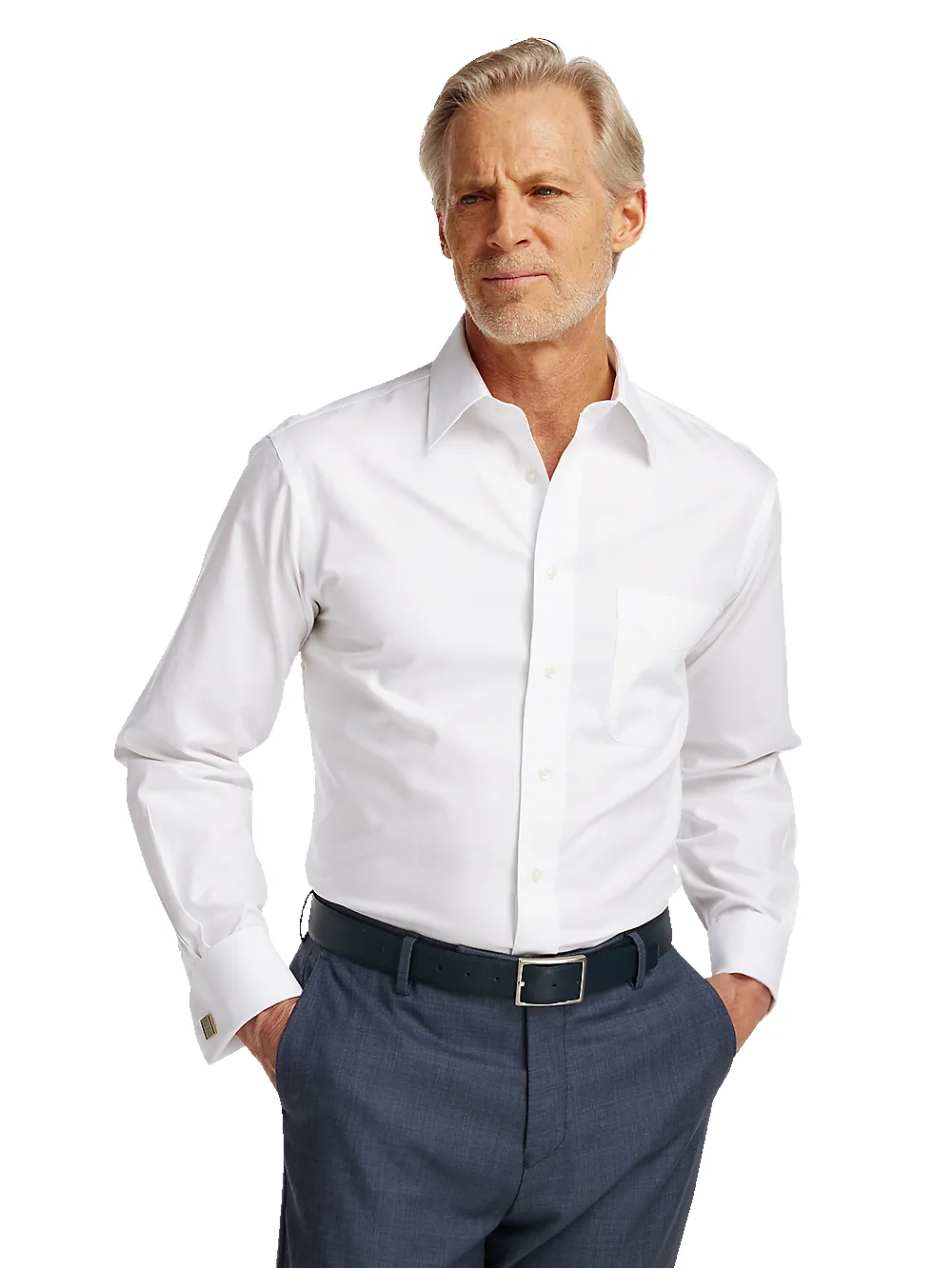 Non-Iron Cotton Pinpoint Solid Point Collar French Cuff Dress Shirt - White sold by Paul Fredrick product image thumbnail 2