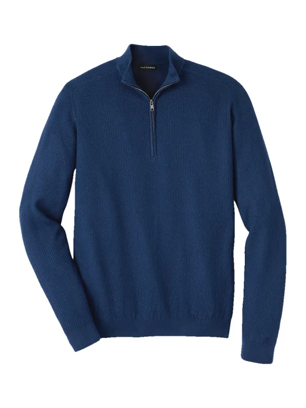 Silk, Cotton & Cashmere Zip Mock Neck Sweater - Navy sold by Paul Fredrick