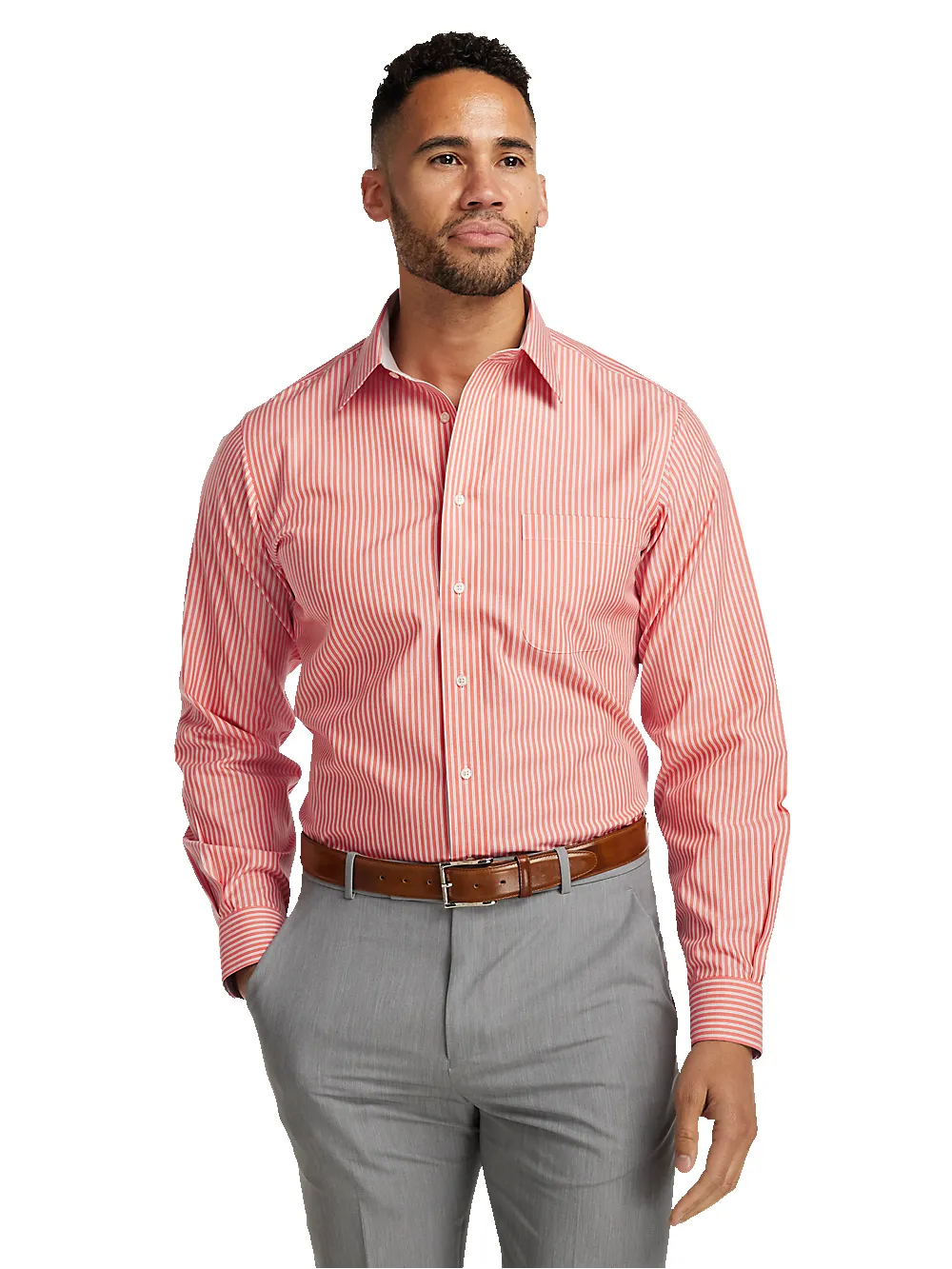 Non-Iron Cotton Stripe Dress Shirt With Contrast Trim - Coral sold by Paul Fredrick product image thumbnail 2