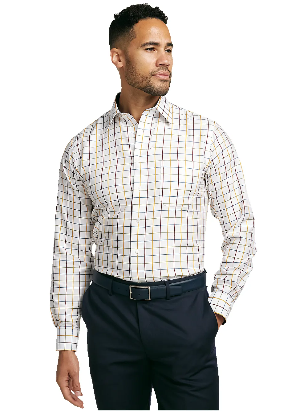 Non-Iron Cotton Check Dress Shirt With Contrast Trim - White Multi sold by Paul Fredrick product image thumbnail 2