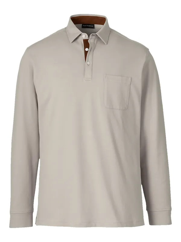Cotton/Spandex Pique Three Button Polo - Taupe sold by Paul Fredrick