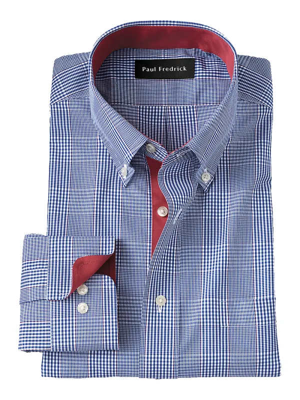 Non-Iron Cotton Glen Plaid Dress Shirt With Contrast Trim - Blue/brick sold by Paul Fredrick