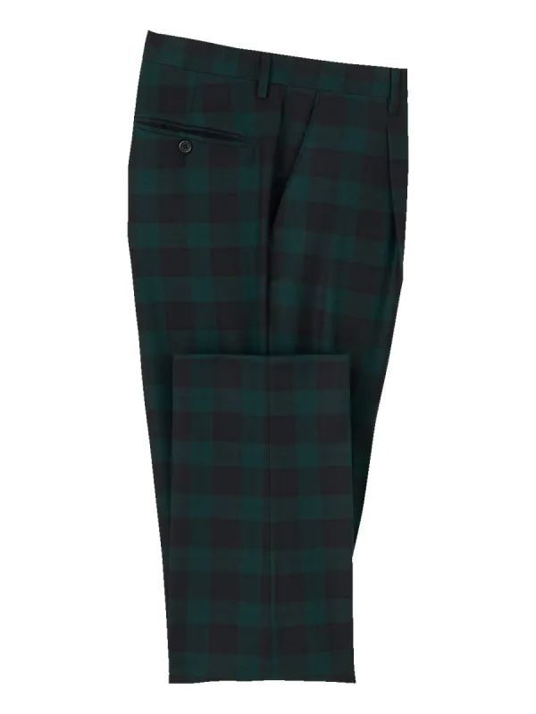 Wool Flannel Blackwatch Plaid Single Pleated Pants - Green/navy sold by Paul Fredrick