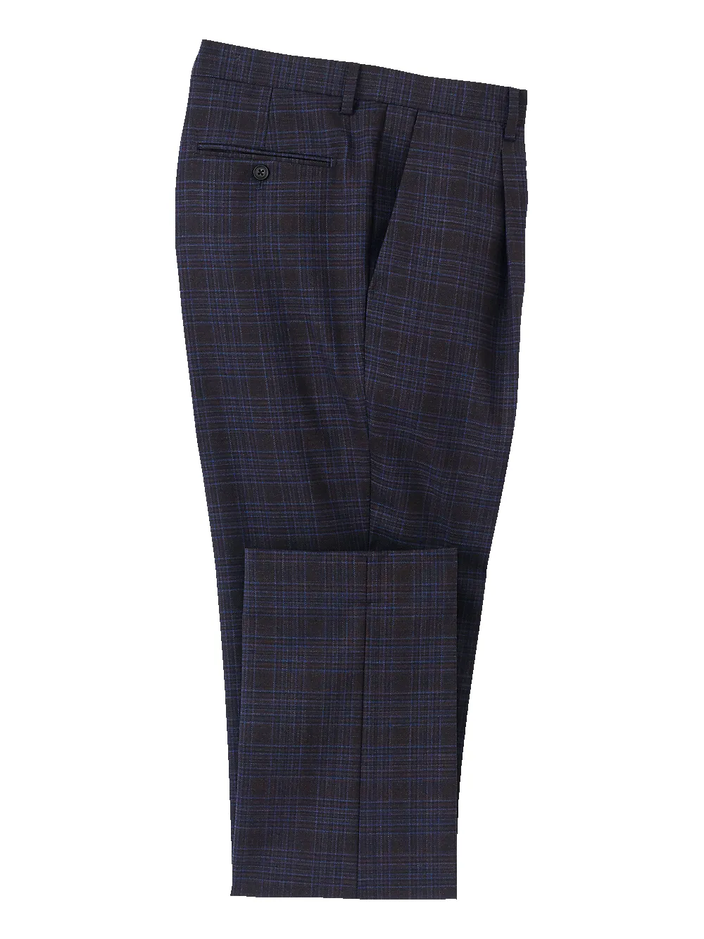 Wool Stretch Plaid Single Pleat Suit Pants - Brown/navy sold by Paul Fredrick