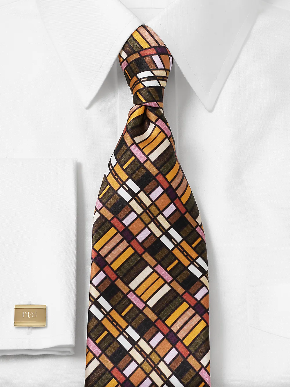 Geometric Printed Italian Silk Tie - Tan Multi sold by Paul Fredrick product image thumbnail 2
