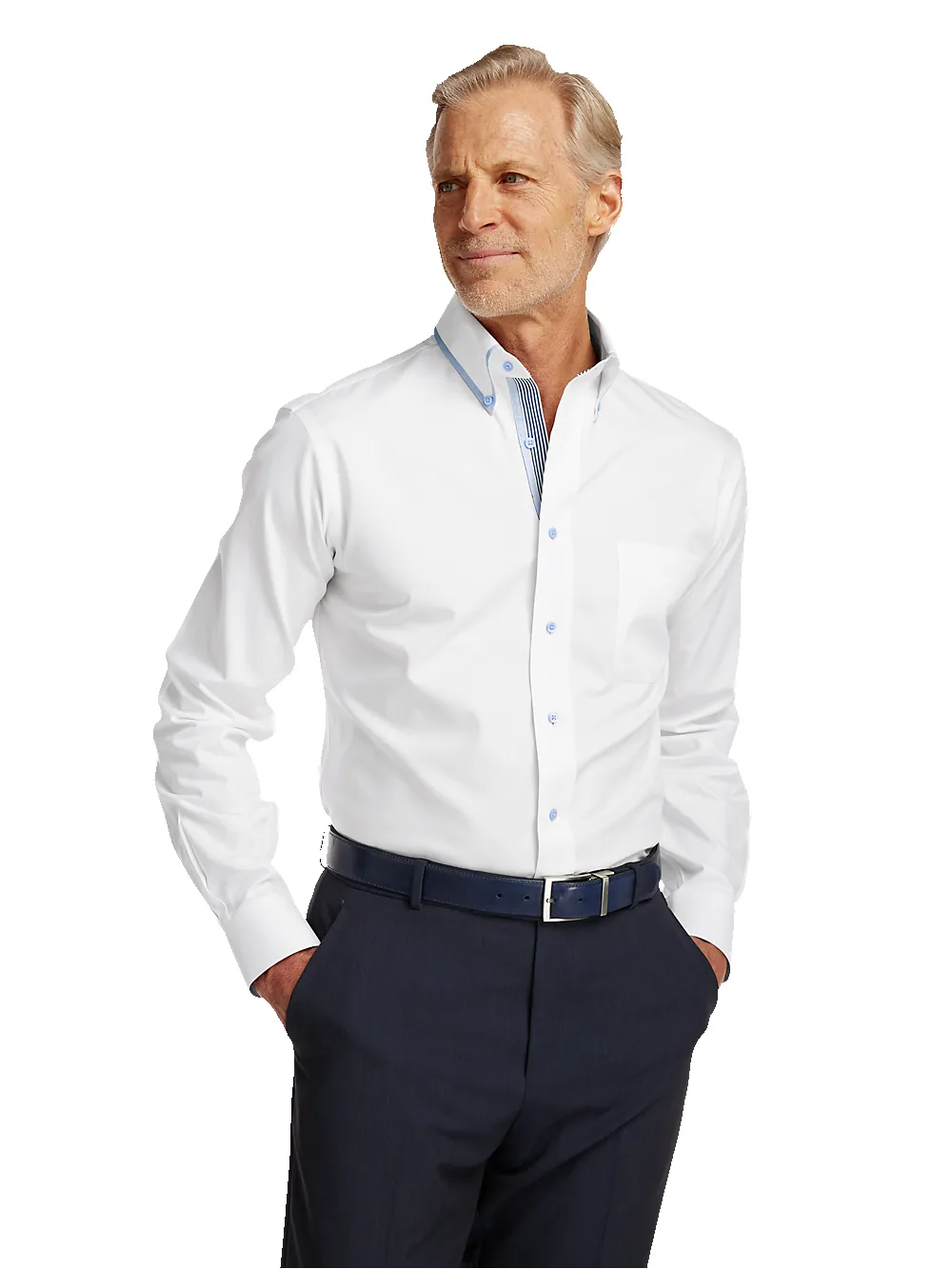 Non-Iron Cotton Solid Dress Shirt With Contrast Trim - White sold by Paul Fredrick product image thumbnail 2