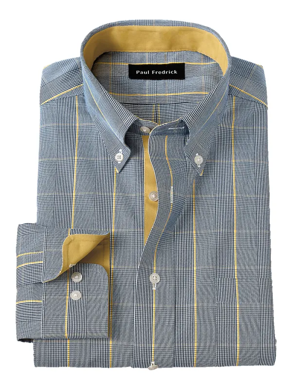 Non-Iron Cotton Glen Plaid Dress Shirt With Contrast Trim - Navy/gold sold by Paul Fredrick