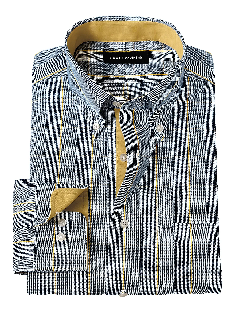 Non-Iron Cotton Glen Plaid Dress Shirt With Contrast Trim - Navy/gold sold by Paul Fredrick