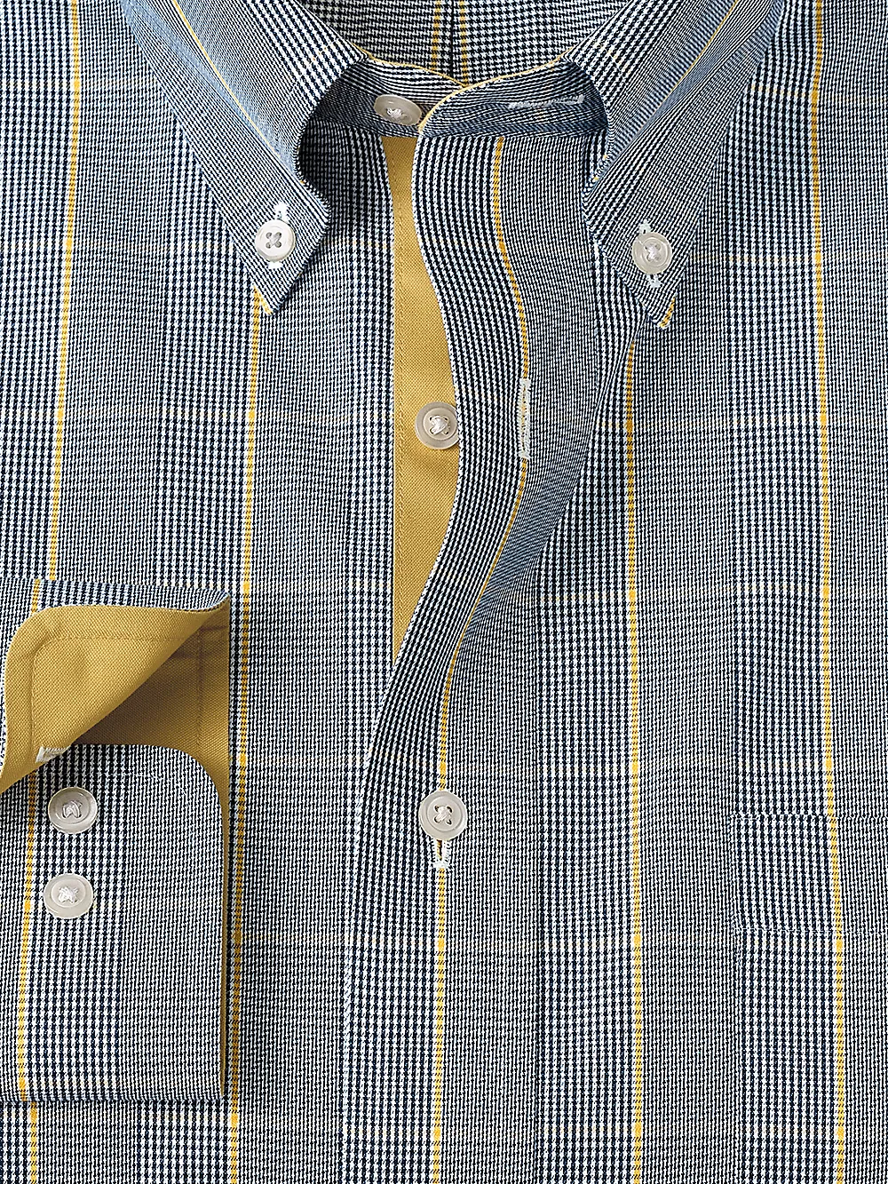 Non-Iron Cotton Glen Plaid Dress Shirt With Contrast Trim - Navy/gold sold by Paul Fredrick product image thumbnail 2