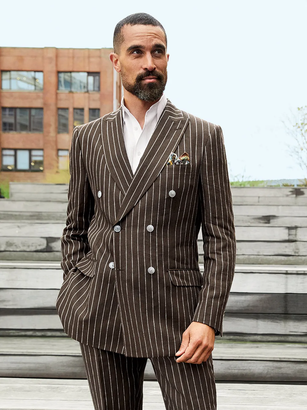 Linen Pinstripe Double Breasted Peak Lapel Suit Jacket sold by Paul Fredrick product image thumbnail 2