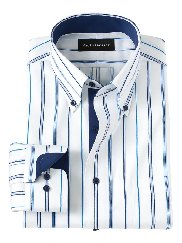 Non-Iron Cotton Stripe Dress Shirt With Contrast Trim - Blue sold by Paul Fredrick