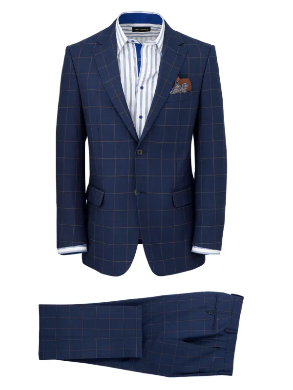 Wool Stretch Windowpane Single Breasted Notch Lapel Suit - Navy sold by Paul Fredrick