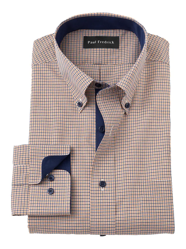 Non-Iron Cotton Check Dress Shirt With Contrast Trim - Navy/gold sold by Paul Fredrick