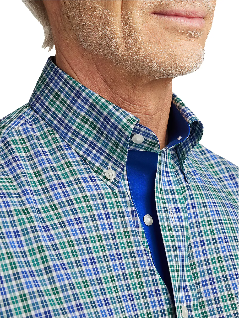Non-Iron Cotton Check Dress Shirt With Contrast Trim - Blue/green sold by Paul Fredrick product image thumbnail 3