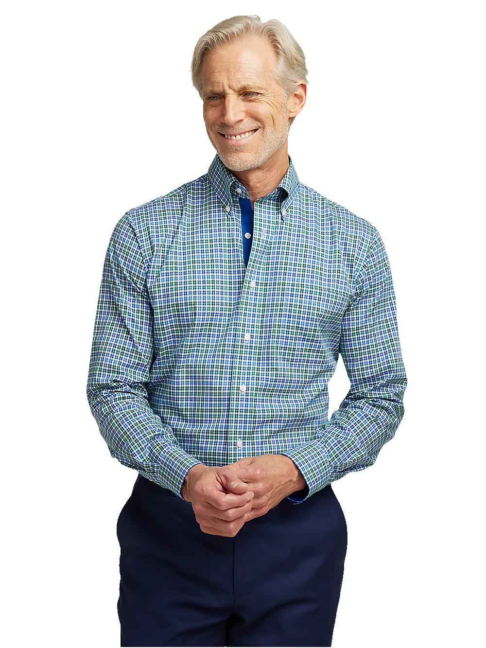 Non-Iron Cotton Check Dress Shirt With Contrast Trim - Blue/green sold by Paul Fredrick product image thumbnail 2